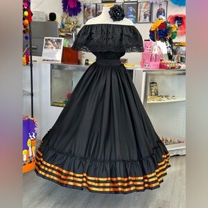 3 piece set Folklore Mexican Solid  skirt ,blouse and head flower